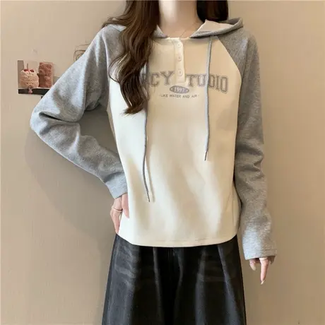 撞色拼接插肩袖连帽T恤女春秋季韩版洋气宽松显瘦长袖上衣体恤潮商品大图