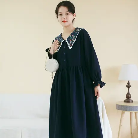 【买一送一】秋新品花朵撞色大翻领连衣裙大码宽松少女感长裙图片