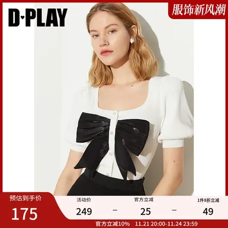 DPLAY夏新款甜美少女泡泡袖拼接贝母光泽蝴蝶结针织衫商品大图