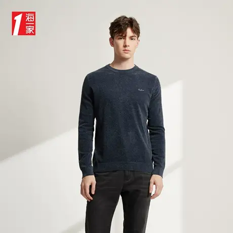 海一家基础圆领上衣2023秋季雪尼尔字母绣花舒适圆领长袖针织衫男商品大图