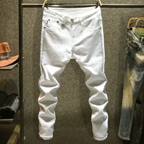 潮牌ins个性烫钻牛仔裤男士韩版潮流修身裤子高端白色弹力小脚裤商品大图