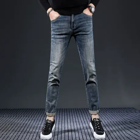 秋冬季潮牌蓝色牛仔裤男士显瘦紧身修身小脚百搭高端轻奢休闲裤子商品大图