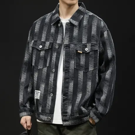 黑色条纹牛仔外套男春秋加肥加大码潮牌男装2024新款男士休闲夹克图片