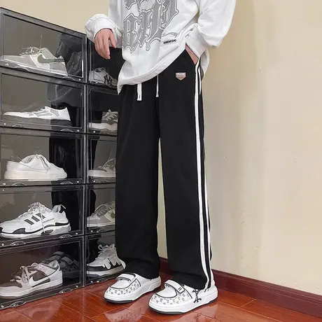 运动卫裤子男春秋季港风潮流百搭直筒裤潮学生侧边条纹阔腿裤长裤商品大图