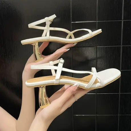 2023夏季新款粗跟凉鞋女高跟鞋一字扣带简约百搭法式温柔气质露趾商品大图