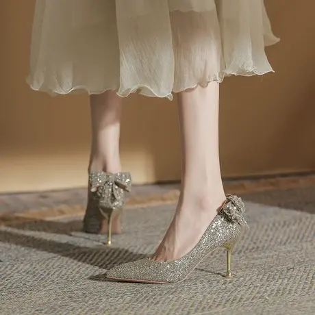 仙女风蝴蝶结水钻高跟鞋女细跟2024春季新款性感百搭尖头浅口单鞋图片