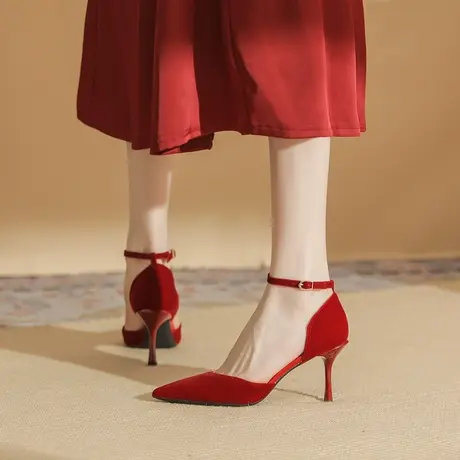 一字扣单鞋女2024年秋季新款气质名媛法式尖头细跟高跟鞋婚鞋图片