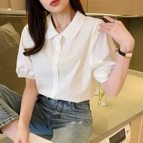 唐狮夏季纯色翻领短袖衬衫女装法式上衣外套小清新白色气质设计感图片