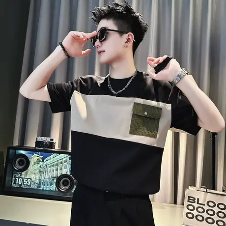 夏季男短袖t恤半袖拼接潮流潮牌拼接设计个性时尚半截袖撞色体恤商品大图