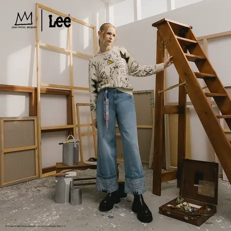 【Basquiat联名】Lee24春季新品中蓝宽腿中腰女卡朋特阔腿牛仔裤图片