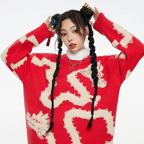 Nuthink新年龙年提花红色本命年毛衣男潮宽松保暖春节喜庆针织衫商品大图