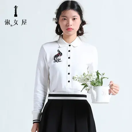 淑女屋旗舰店官网正品春秋新款针织衫翻领针织刺绣白色长袖上衣女图片