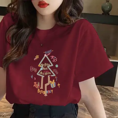 酒红色纯棉T恤女春秋季新款2024年宽松打底衫高级感中长款短袖女商品大图