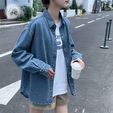 yoe23秋美式复古牛仔衬衫女oversize长袖简约小众设计感外套上衣图片