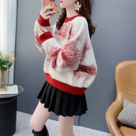 高级感超好看雪花圆领毛衣女秋冬2023新款洋气减龄短款小个子上衣商品大图