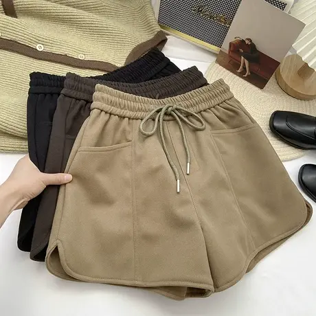 黑色毛呢西装短裤女秋冬外穿打底靴裤时尚高腰宽松休闲a字阔腿裤商品大图