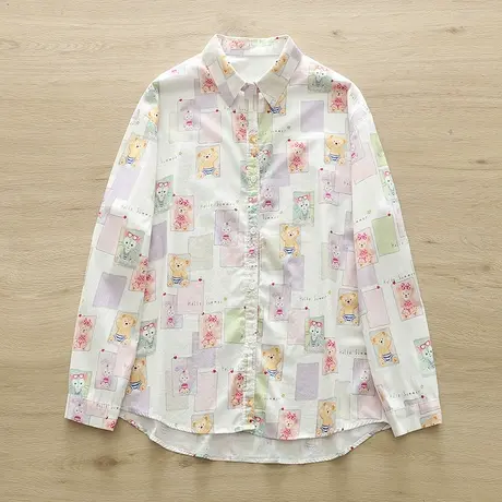 春秋新款学院风减龄紫色卡通格子长袖纯棉衬衫女宽松百搭上衣外套商品大图