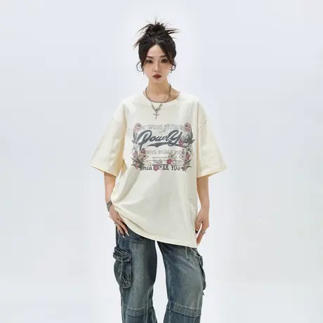 YEP纯棉印花短袖t恤女夏季2024新款复古潮牌半袖内搭宽松圆领上衣商品大图