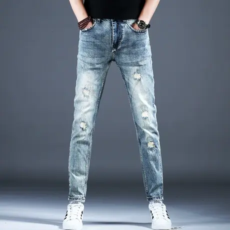 复古做旧美式高街破洞补丁牛仔裤男款浅色春秋季新款裤子潮流男士商品大图