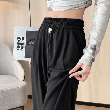 黑色窄版阔腿裤女春夏薄款高腰垂感显瘦松紧腰宽松直筒针织休闲裤图片