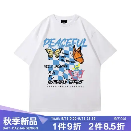 美式高街2023蝴蝶印花半袖T恤情侣装夏重磅纯棉美式设计感ins潮牌商品大图