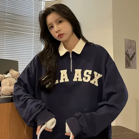 polo衫半拉链卫衣女春秋薄款ins宽松bf慵懒风设计感小众超火外套图片