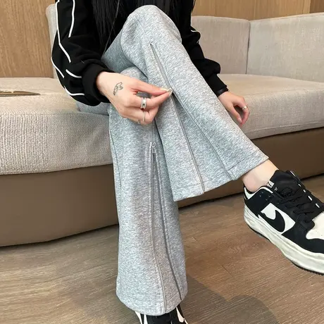 灰色拉链运动休闲微喇裤女2024春秋新款高腰修身显瘦小个子喇叭裤商品大图