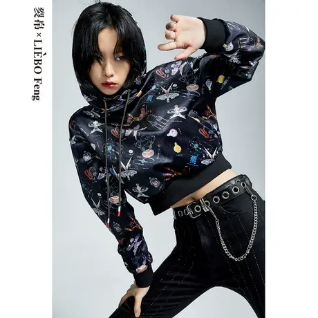 B裂帛LIEBOFeng设计师品牌Vintage复古印花连帽休闲短款长袖卫衣图片