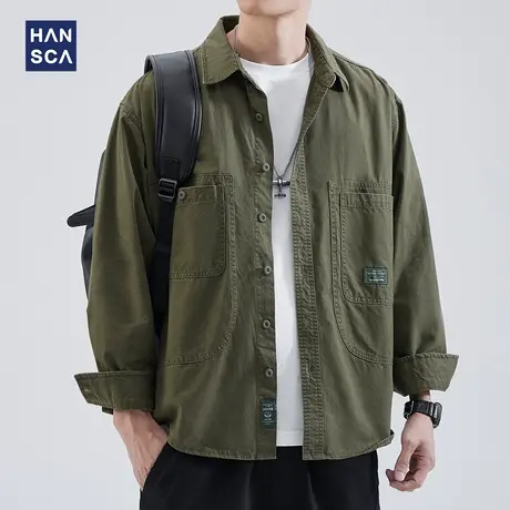 hansca纯棉长袖衬衫男秋季新款潮牌大码休闲复古宽松工装衬衣外套商品大图