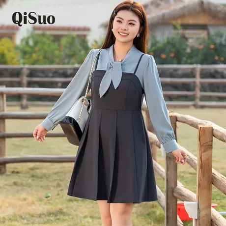 2025秋装新款法式温柔气质假两件长袖压折遮肉显瘦胖MM大码连衣裙图片