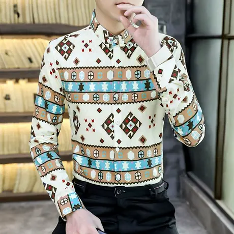 ins潮牌长袖衬衫男春秋季痞帅花寸衫复古民族风时尚新款网红衬衣商品大图