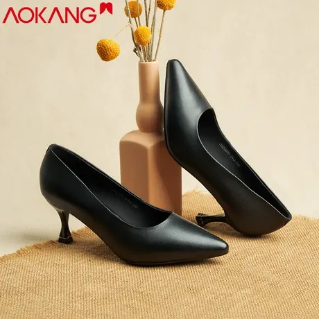 奥康高跟鞋女秋季新款浅口真皮尖头软面空姐工作鞋细跟鞋职业上班图片