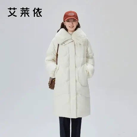 艾莱依可拆卸毛领羽绒服女2023新款中长款时尚翻领保暖鸭绒外套冬商品大图