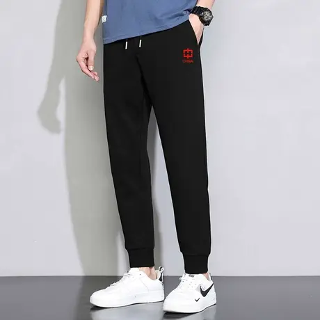 长裤子男夏季休闲运动裤中国潮流百搭黑色抽绳小脚束脚九分卫裤男商品大图