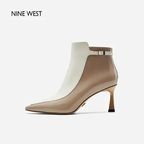 Nine West/玖熙法式真皮拼接高跟短靴2023冬新款撞色小众时装靴女图片