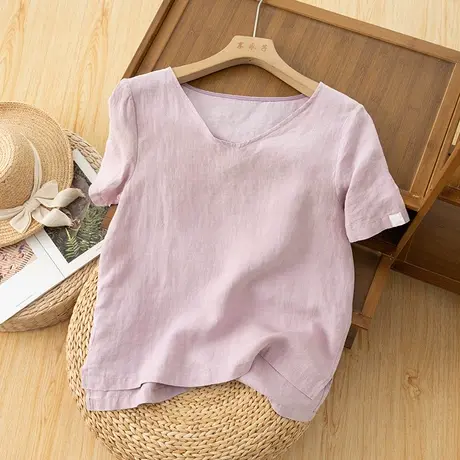 享永子汉麻T恤上衣文艺复古气质高级感百搭休闲套头衫2023夏新款图片