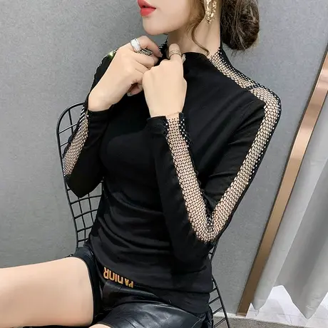 半高领打底衫女春秋烫钻T恤女长袖设计感洋气上衣性感镂空小衫潮图片