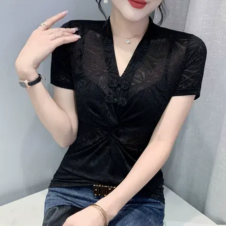 性感网纱短袖T恤女复古国风盘扣打底衫紧身洋气百搭V领上衣设计感商品大图