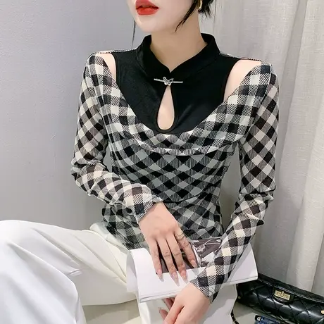 性感露肩长袖T恤女初秋网纱拼接假两件格子上衣修身内搭打底衫潮商品大图