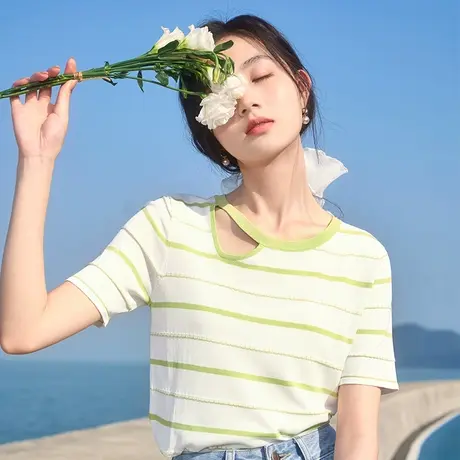 香影条纹针织t恤女短袖2023夏装新款设计感小众显瘦宽松圆领上衣图片
