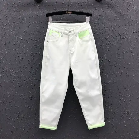 夏季新款九分撞色休闲高腰老爹裤子潮流薄款宽松显瘦牛仔哈伦裤女图片