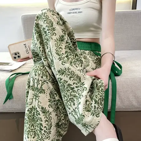 印花冰丝阔腿裤女夏季薄款高腰垂感显瘦小众飘带国风休闲拖地长裤商品大图