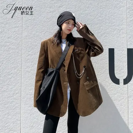 灯芯绒西装外套女秋冬气质复古小众设计感宽松休闲条绒炸街小西服商品大图