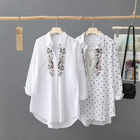 中长款刺绣白衬衫女2023秋季新款长袖宽松百搭打底衫衬衣圆点上衣商品大图