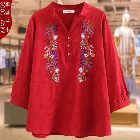 加肥加大码女装中年妈妈装新款宽松洋气V领绣花棉麻七分袖T恤上衣商品大图