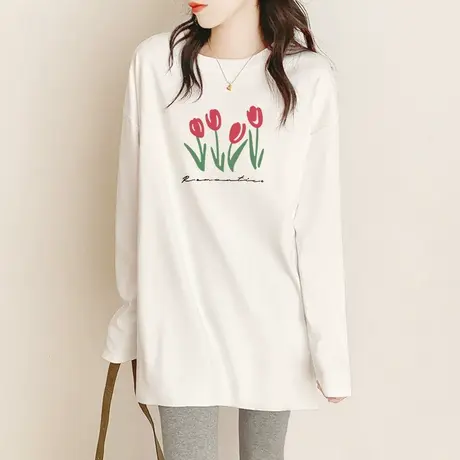 磨毛t恤女长袖打底衫2022年秋季新款宽松纯棉上衣秋冬中长款内搭图片