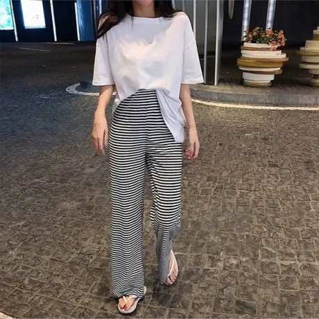 阔腿裤女高腰春夏垂感宽松显瘦横条纹裤拖地裤休闲学生直筒长裤子商品大图