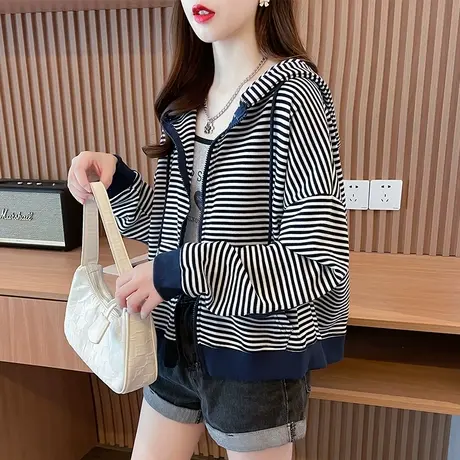 连帽卫衣女春秋季韩版宽松设计感小众薄款短款条纹小个子开衫外套图片