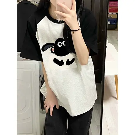 纯棉短袖t恤女小个子夏季美式复古插肩袖撞色小众设计感宽松上衣商品大图