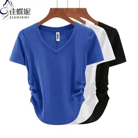 夏季新款韩版V领褶皱下摆圆弧纯棉纯色短袖T恤上衣内搭女打底衫商品大图